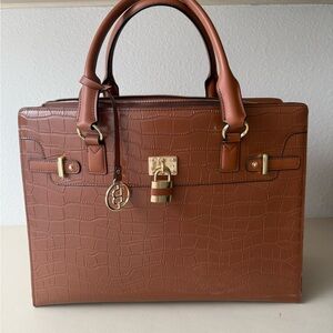 Brown Croc-Embossed Handbag with Gold Accents